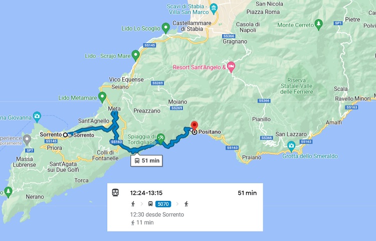 Mapa como llegar desde Sorrento a Positano en autobús